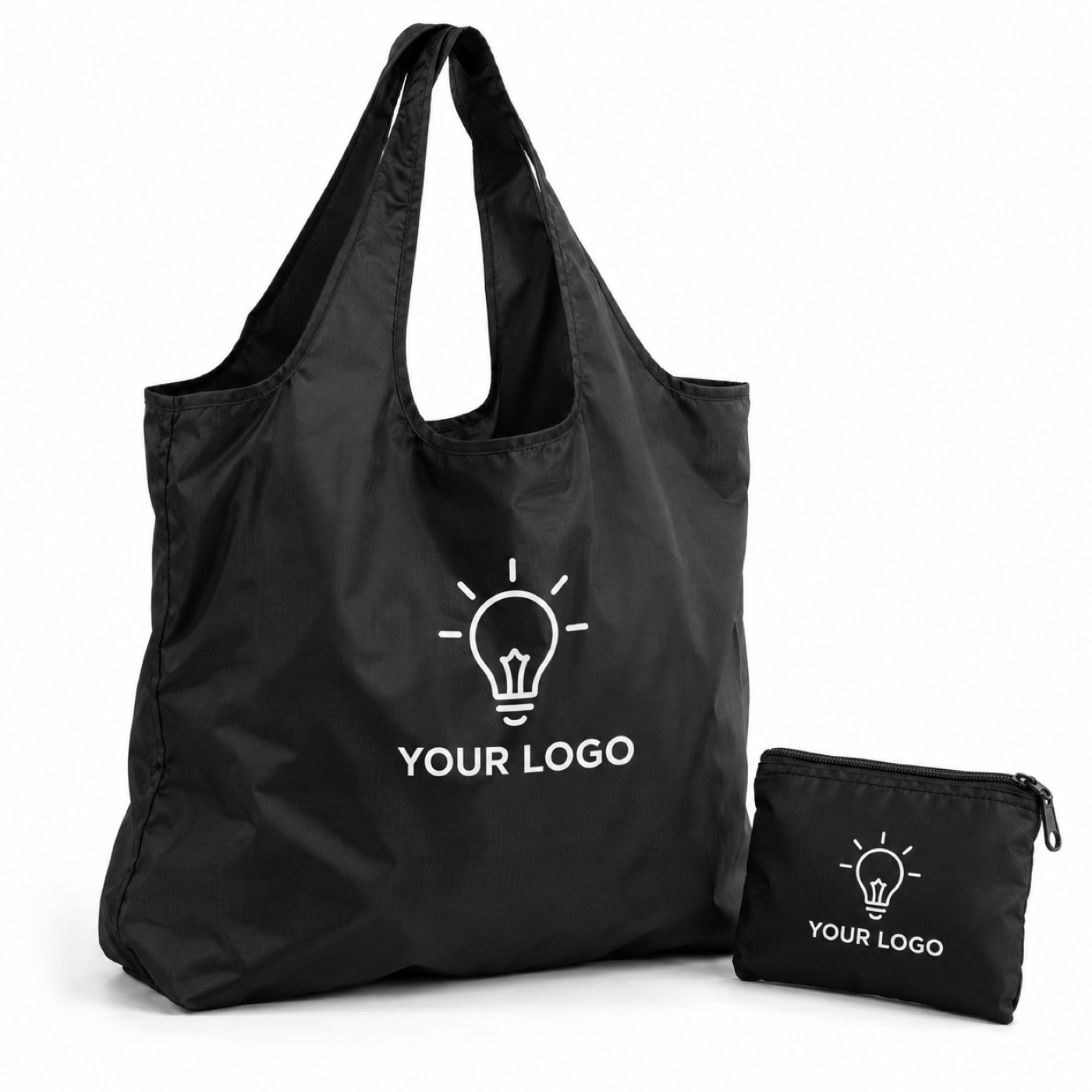Foldable bag with its pouch, printed with a logo (photo)