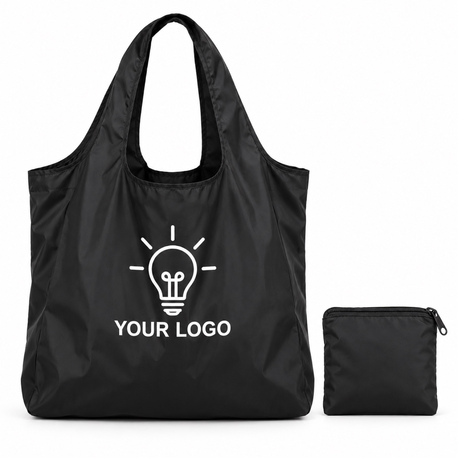 Foldable bag with its pouch, printed with a logo (illustration)