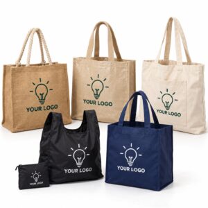 A range of custom printed bag styles: foldable, jute, juco, non-woven and canvas (photo)