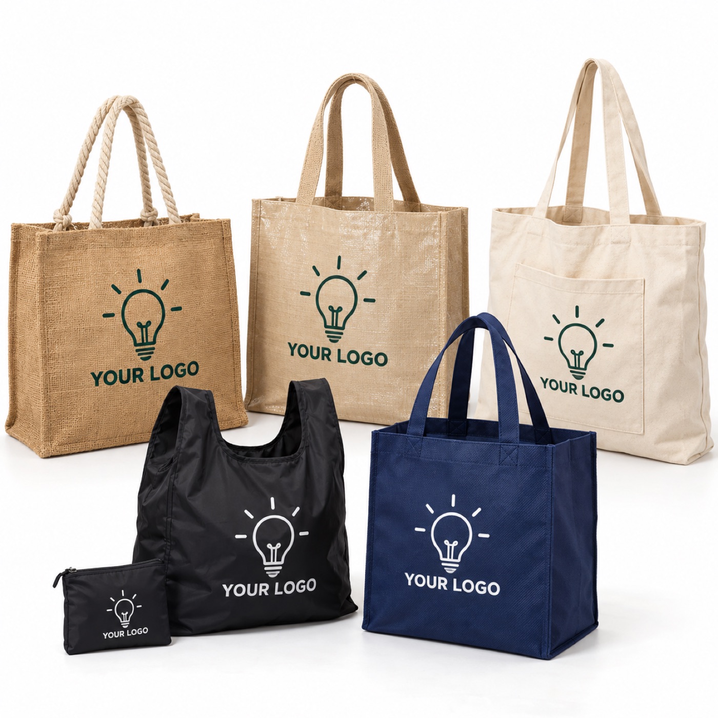 A range of custom printed bag styles: foldable, jute, juco, non-woven and canvas (photo)
