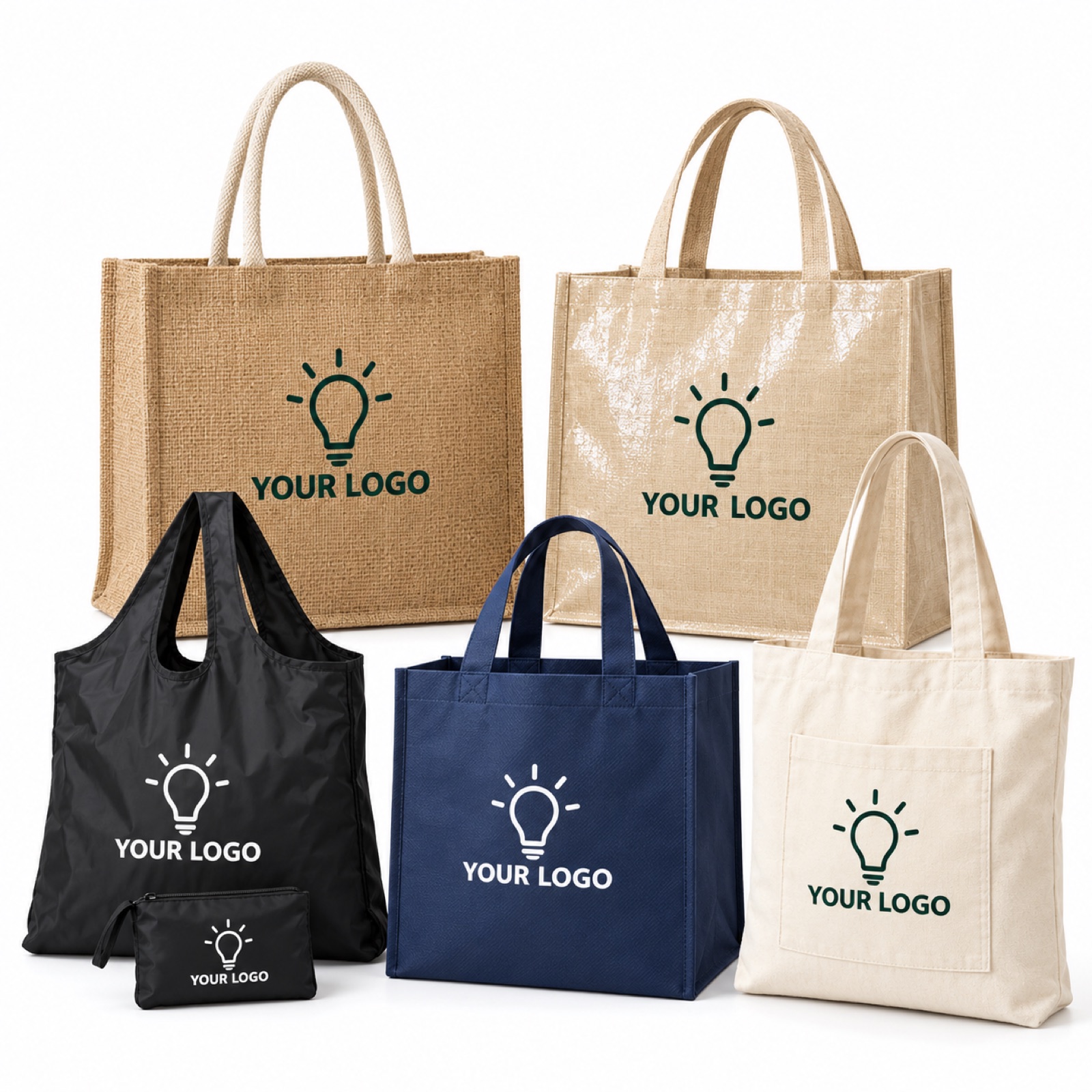 A range of custom printed bag styles: foldable, jute, juco, non-woven and canvas (illustration)