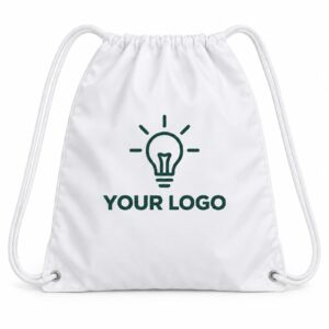 White drawstring bag printed with a one-colour logo (illustration)