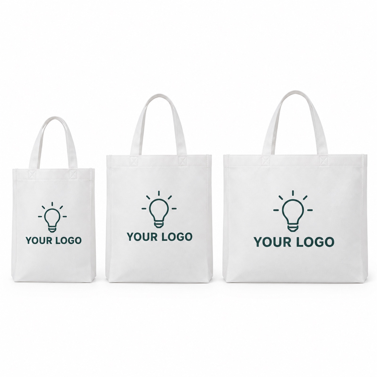 White non-woven tote bags in sizes S, M and L, to scale (illustration)
