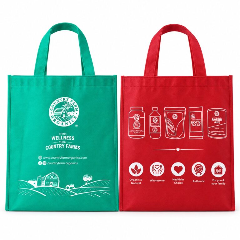Custom printed bag made for a client (red tote wellness)