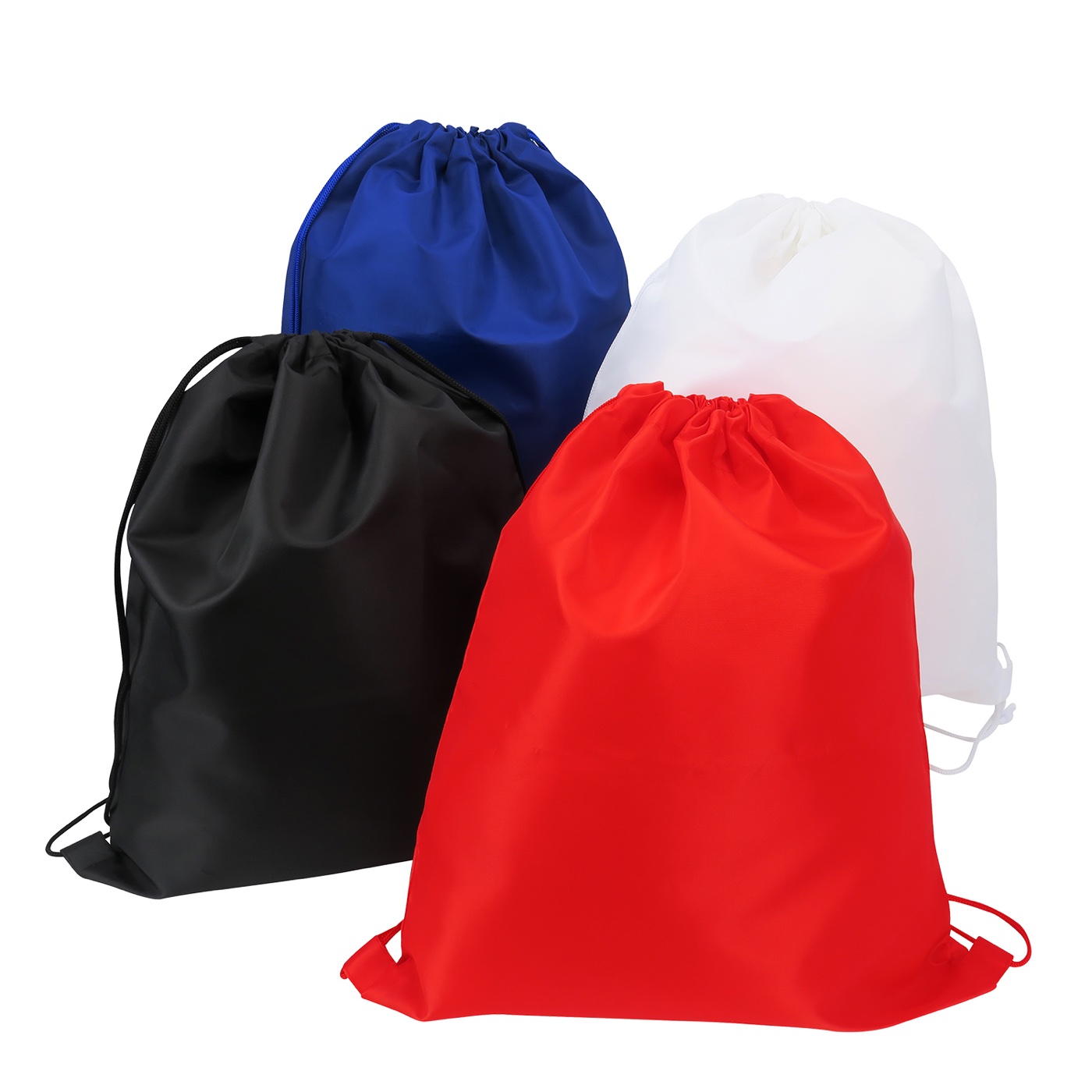 Nylon drawstring bags in red, blue, black and white